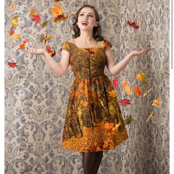 Retrolicious Dress Size XS Fall Forest Autumn Novelty Nature A Line Cap Sleeve - Picture 1 of 11
